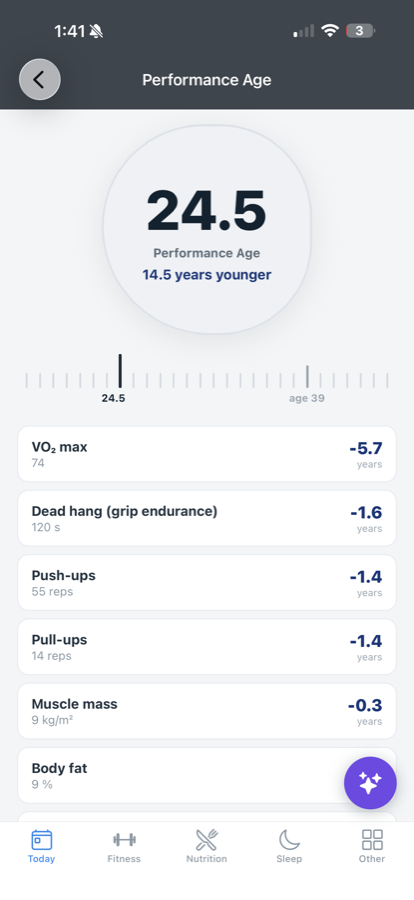 Performance Age screen in the LACTIC app